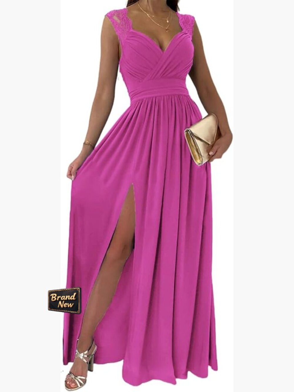 Sexy Wrap V-Neck Maxi Dress Ruched Sleeveless Side Split Bridesmaid Wedding